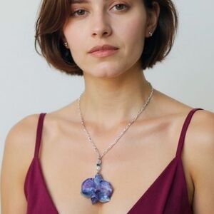 #332 HAND CRAFTED Necklace handcrafted handmade Orchid Resin Blue Glass Beads